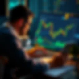 A person looking at cryptocurrency charts on a laptop with notes and a calculator nearby
