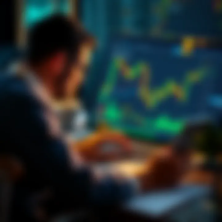 A person looking at cryptocurrency charts on a laptop with notes and a calculator nearby