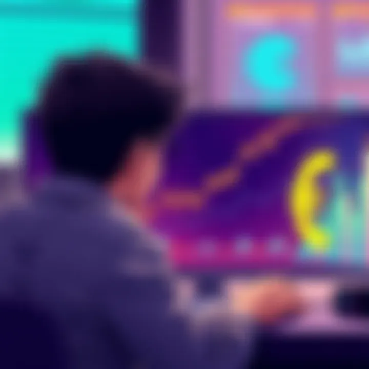 Crypto Investment Illustration A person looking at their computer screen with rising crypto charts and a euro symbol, indicating investment growth.