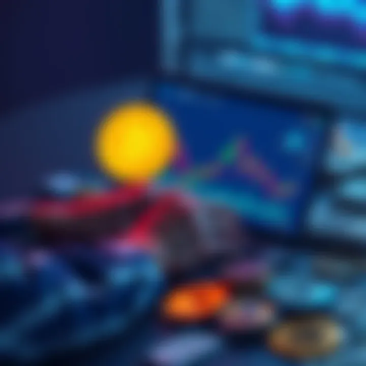 A person analyzing Bitcoin, Solana, and Chainlink charts on a laptop, surrounded by dollar bills and cryptocurrency coins.