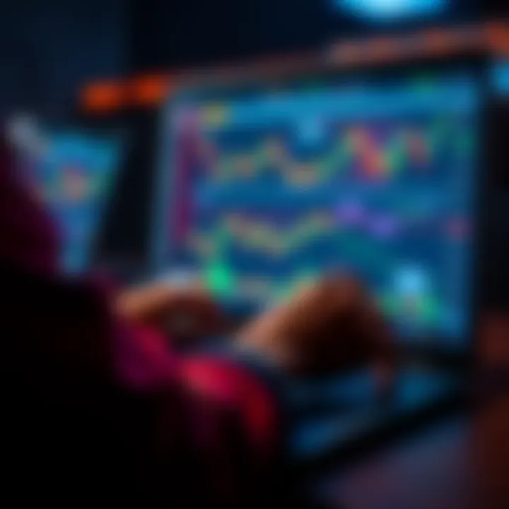 An individual analyzing cryptocurrency market trends on a laptop with charts and graphs displayed