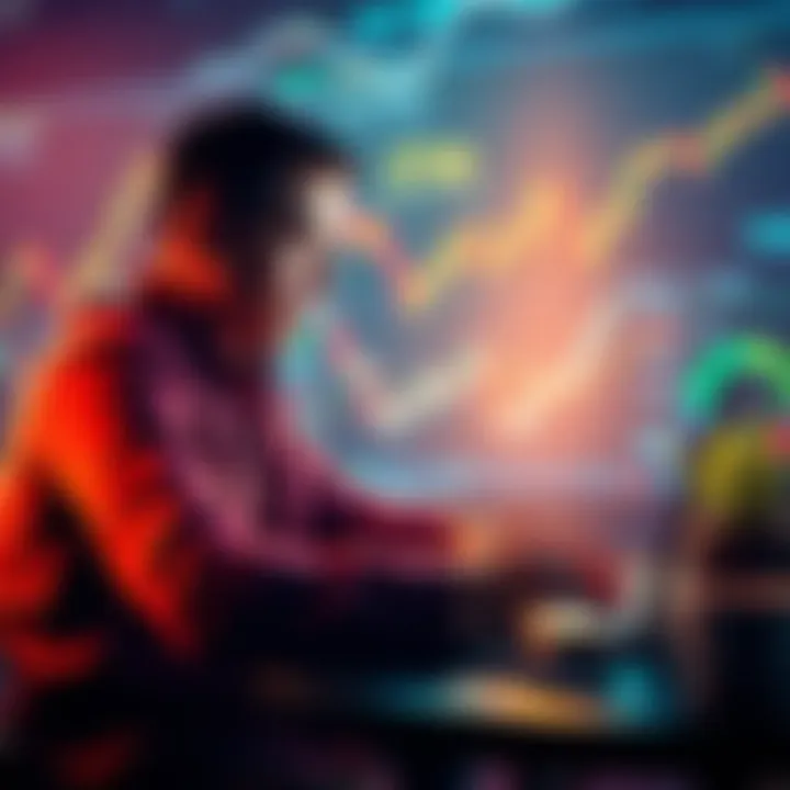 A person analyzing crypto market trends on a laptop with charts and graphs in the background, symbolizing investment strategies and risks.