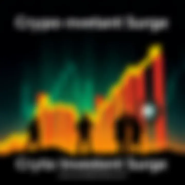 A graph showing rising cryptocurrency values with investor silhouettes in the background, representing increased interest and investment in crypto markets.