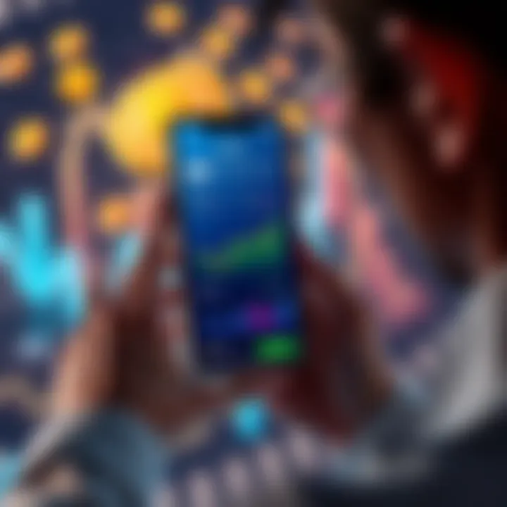 Crypto Investment Without Fees A person looking at a smartphone screen showing a no-fee crypto trading app with coins in the background