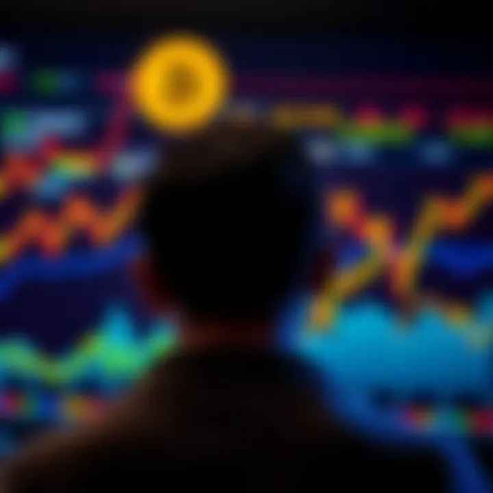 A person appears concerned while looking at graphs showing falling cryptocurrency values, symbolizing doubts about investments in BTC and ETH.