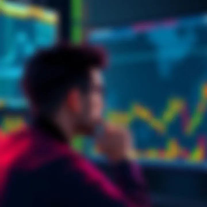 A person looking thoughtfully at a screen showing cryptocurrency prices and graphs, reflecting on whether to hold or sell their investments.