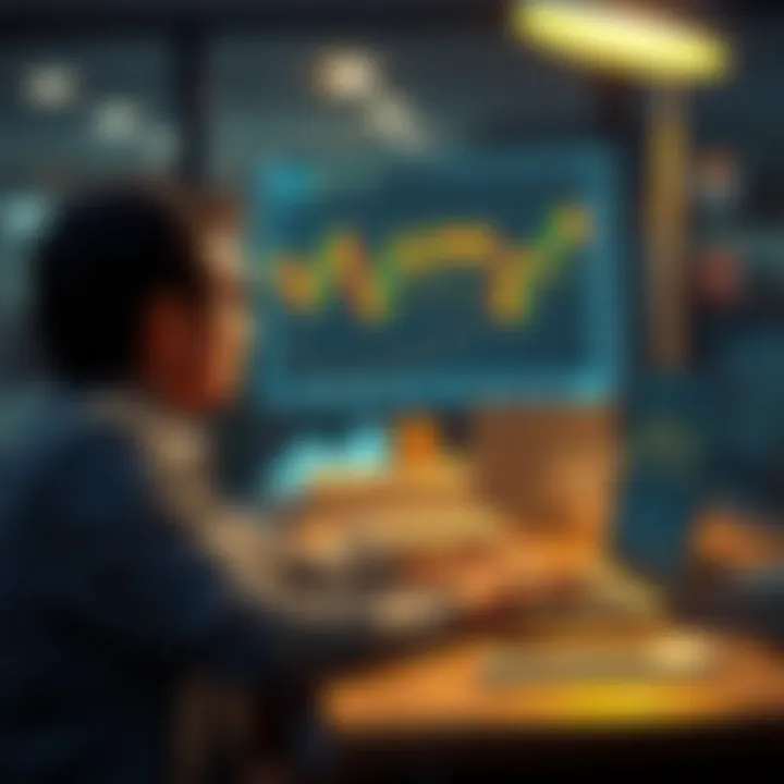 A person sits at a desk with a laptop showing falling bitcoin charts. They look worried, reflecting the struggles of crypto investing.