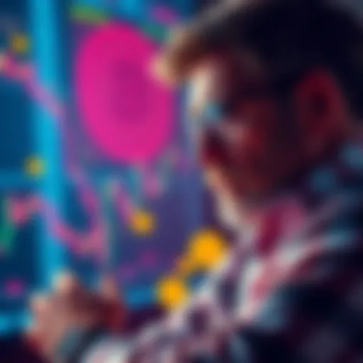 A seasoned crypto investor looking at market charts and discussing Bitcoin's future with a thoughtful expression, surrounded by digital currency symbols