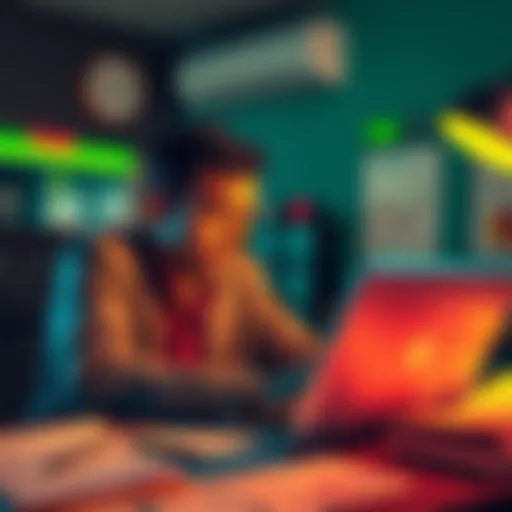 An investor looking stressed while using tax software and surrounded by paperwork related to cryptocurrency taxes