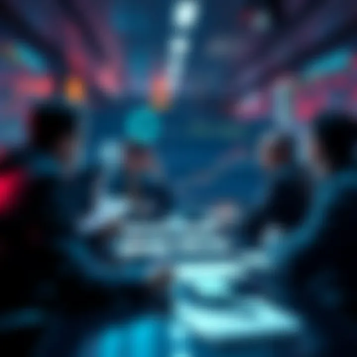 A group of worried crypto investors discussing charts and prices in a 2026 market meeting.