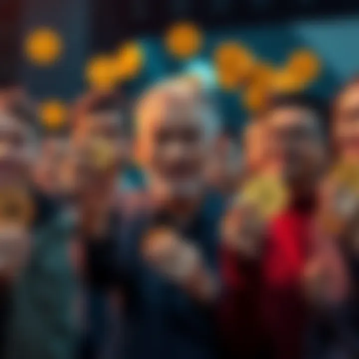 A group of diverse people holding cryptocurrency coins with determination, symbolizing commitment to long-term investment.
