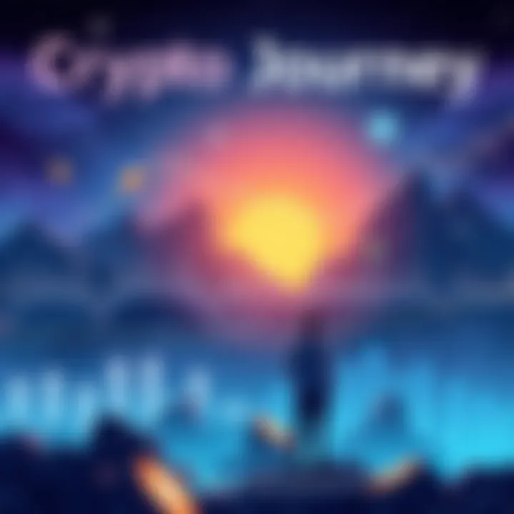 An illustration showing the ups and downs of cryptocurrency over time, featuring graphs of market fluctuations and a person reflecting on their investments.