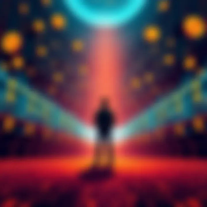 A person stands alone in a virtual space filled with digital currency symbols, symbolizing the search for leadership in cryptocurrency.
