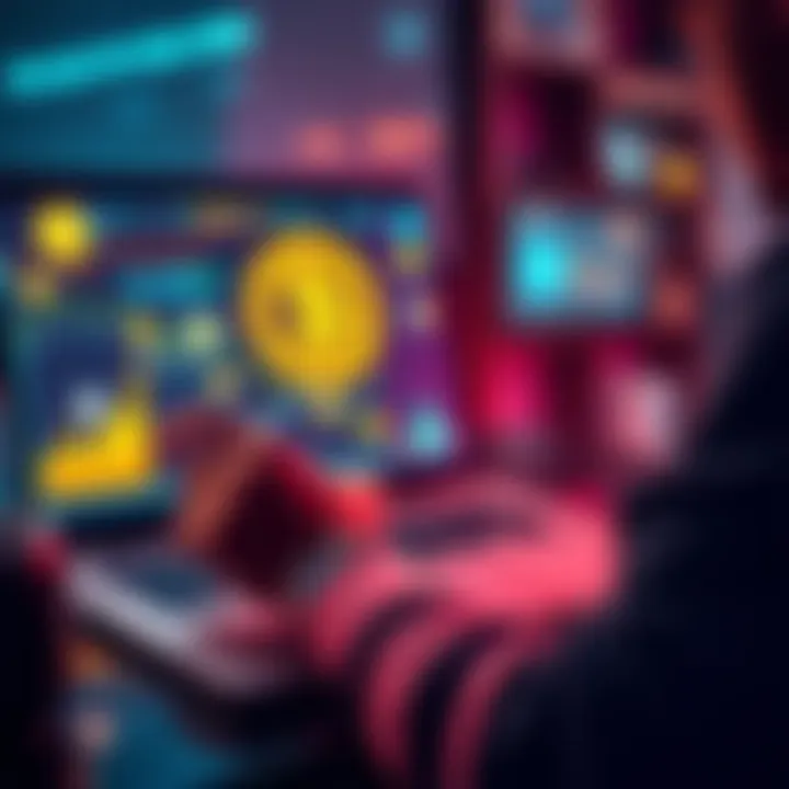 A person analyzing crypto assets on a laptop with digital currency symbols displayed on the screen