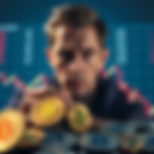 A worried person looking at a graph showing declining cryptocurrency values, with digital coins in the foreground.