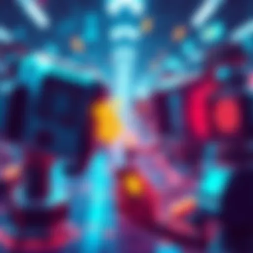 A digital illustration showing interconnected machines exchanging cryptocurrency in a futuristic setting.