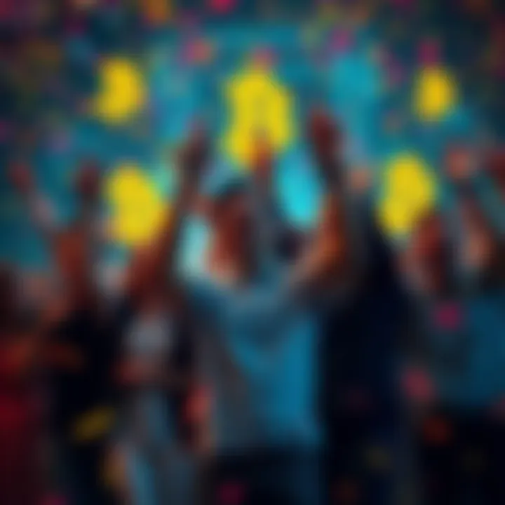 A group of excited people celebrating with confetti and Bitcoin symbols in the background, highlighting the current crypto enthusiasm
