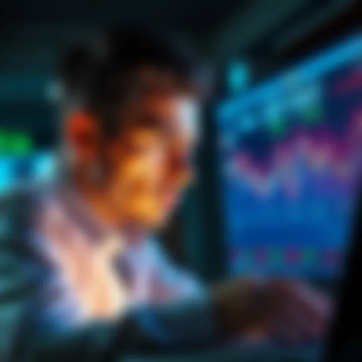 A frustrated trader looking at a screen showing fluctuating cryptocurrency prices, illustrating the unpredictability of the crypto market.