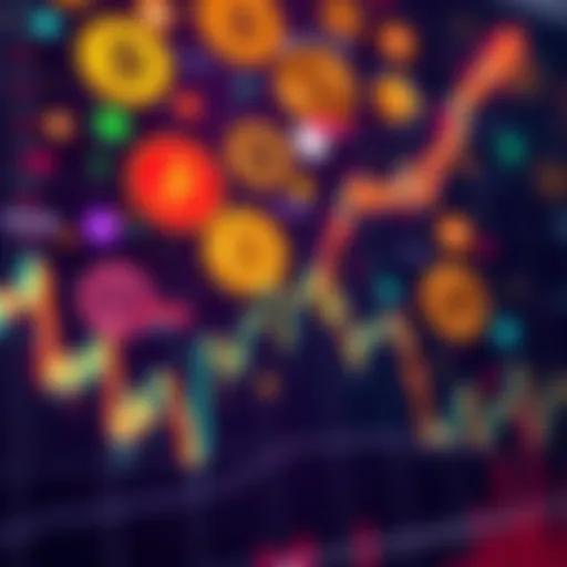 A graph showing a downward trend in cryptocurrency prices with various coin symbols in the background.