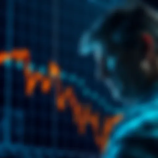 A downward trend graph representing the declining prices in the crypto market with a worried investor in the background.