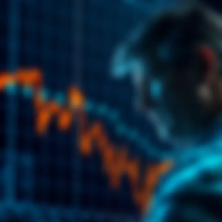 A downward trend graph representing the declining prices in the crypto market with a worried investor in the background.