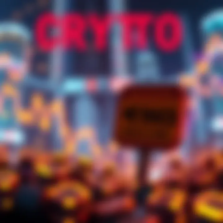 A graphic showing a downward trend in cryptocurrency values with a warning sign about missing ethics provisions in legislation.