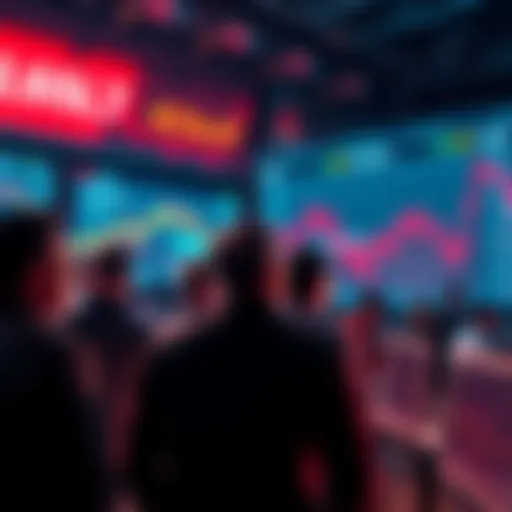 A worried group of people watching cryptocurrency prices drop on screens, showing losses