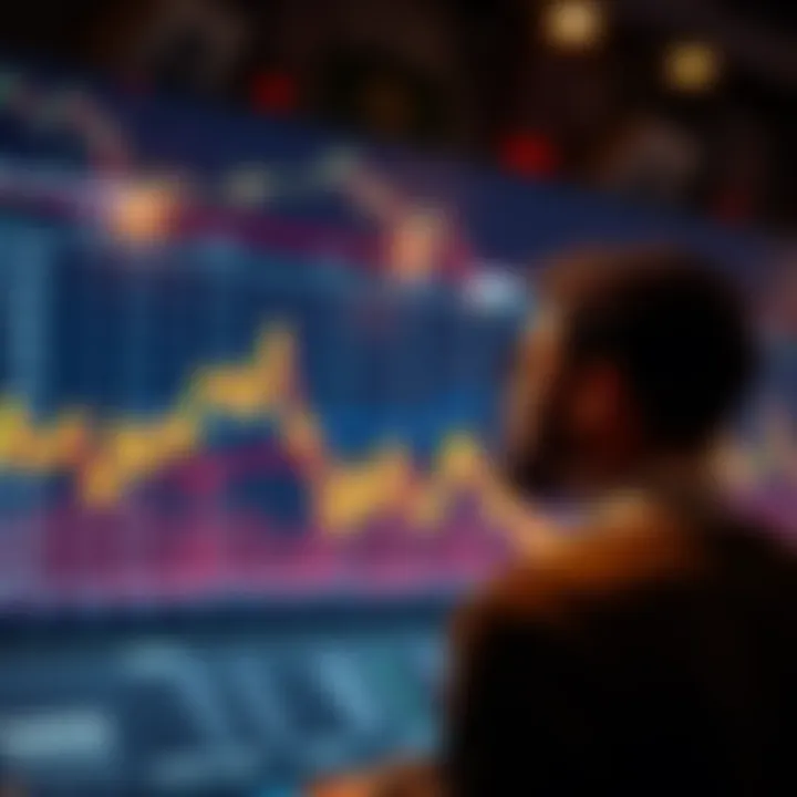 A chart showing a sharp decline in cryptocurrency prices with a person contemplating the buying opportunity.