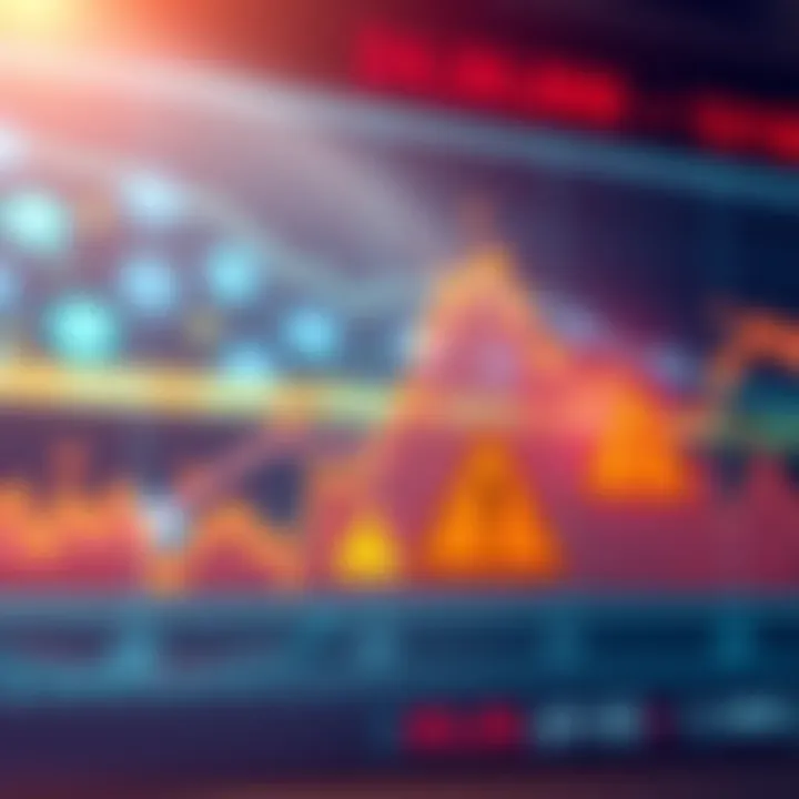 A graph showing a steep decline in cryptocurrency prices with warning symbols representing liquidation risks.