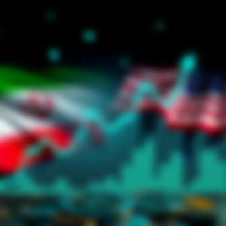 A graph showing a sharp decline in cryptocurrency values with a background of flags representing Iran and the USA, reflecting geopolitical tensions