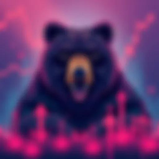 Illustration of a bear representing traders suffering losses in the crypto market, with downward arrows and financial charts in the background.