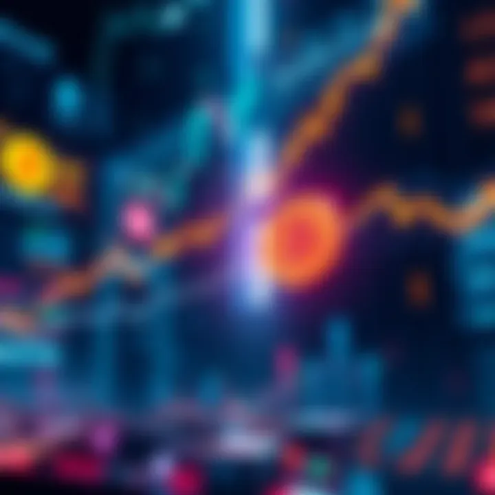A graphic showing major cryptocurrencies like Bitcoin and Ethereum dropping in value with an upward spike in trading volume.
