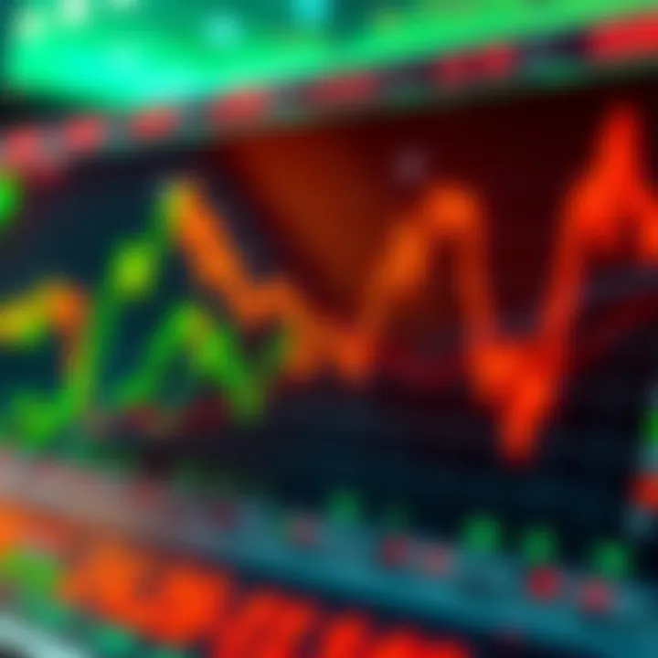 A graphic showing fluctuations in cryptocurrency prices with green and red indicators representing gains and losses.