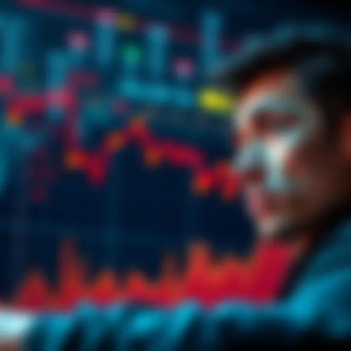 A graph showing declining cryptocurrency values with a person looking concerned about investments.