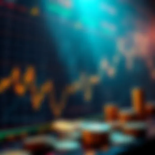 Graph showing rising and falling cryptocurrency prices with market symbols and coins