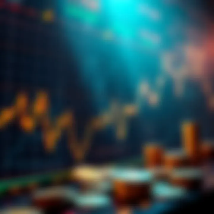 Graph showing rising and falling cryptocurrency prices with market symbols and coins