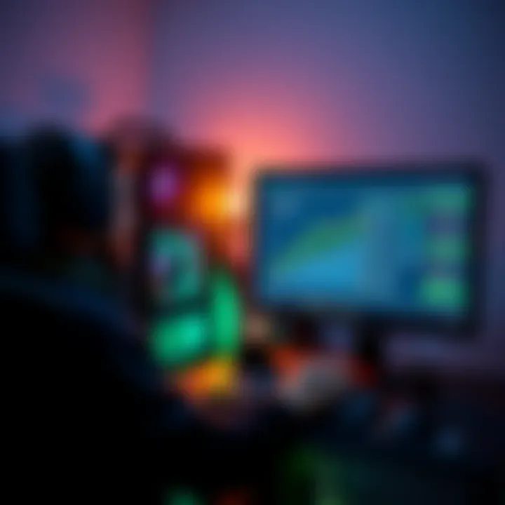A person monitoring a crypto mining rig's performance on a computer screen. The setup includes several graphics cards and mining software interface open, displaying daily earnings.