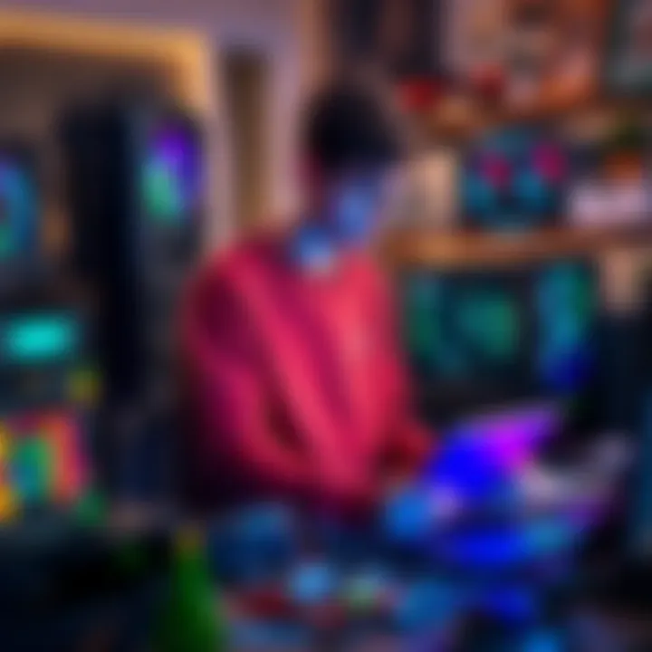Young person starting crypto mining A 19-year-old setting up a cryptocurrency mining rig at home with a budget of 40k Euros, surrounded by mining equipment and tools, in a cozy workspace.