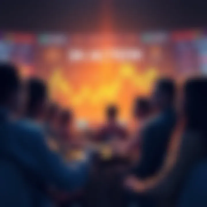 A group of people discussing cryptocurrency trends with charts and visuals in the background, highlighting market dynamics and influencer impact.