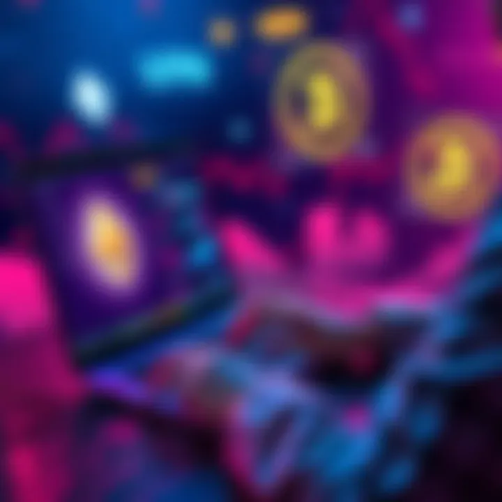 A person using a laptop connected to a VPN while running crypto nodes, with graphics of Ethereum and Bitcoin in the background.