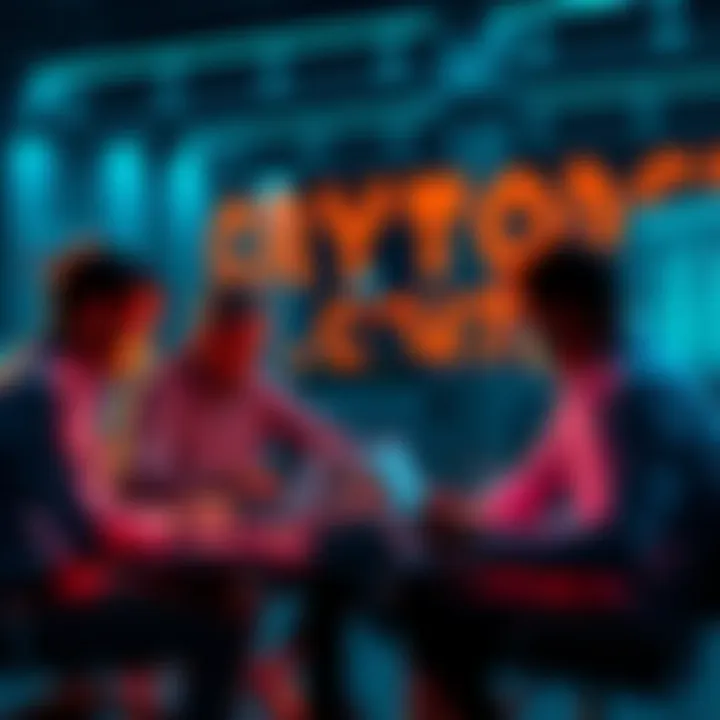 Crypto Nodes Participation A group of people discussing new crypto projects and testing nodes on their laptops