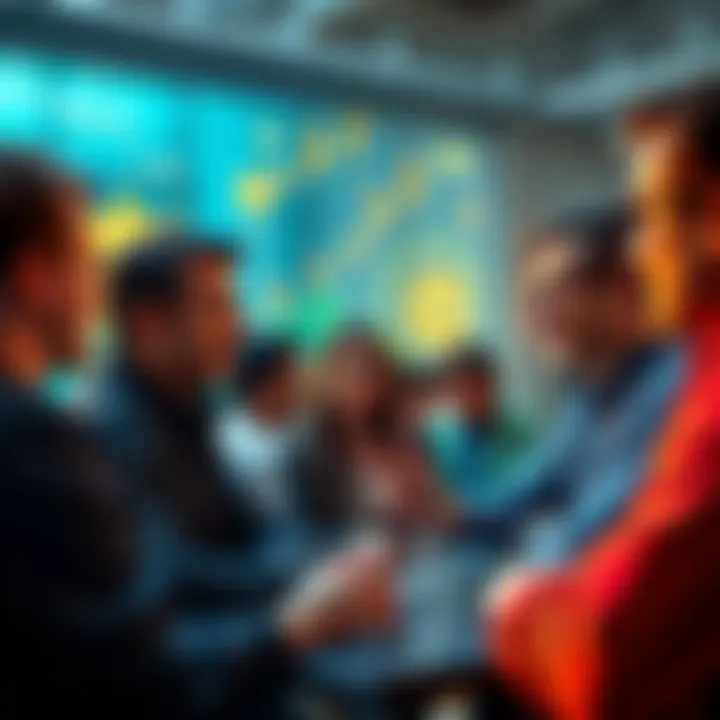 People discussing crypto partnerships A group of people brainstorming ideas for partnerships with key opinion leaders in crypto
