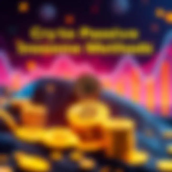 An illustration showing different ways to earn passive income in cryptocurrency, such as lending platforms and yield farming, with coins and charts.