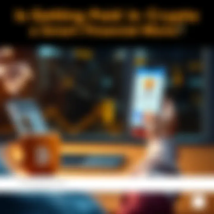 A person looks at their phone showing a crypto payment alert while sitting at a desk with a laptop and coffee mug