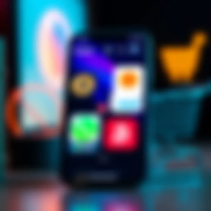 A smartphone displaying multiple crypto payment apps, showcasing Bitcoin and USDT logos, with a shopping cart icon in the background.