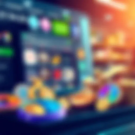 A digital illustration showing various crypto payment gateway logos and icons representing different currencies, set against a backdrop of an online store.