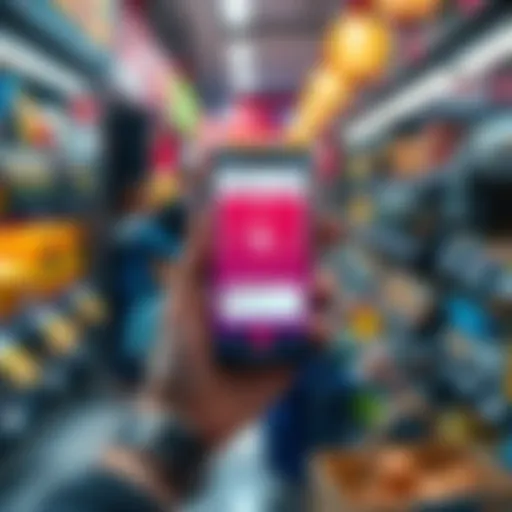 A person holding a smartphone displaying a cryptocurrency wallet while shopping at a store, highlighting modern payment methods with digital currency.