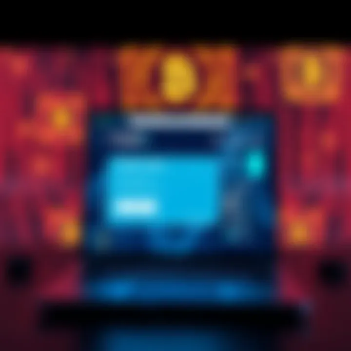 A depiction of a website interface displaying a crypto payment option with blockchain symbols in the background.