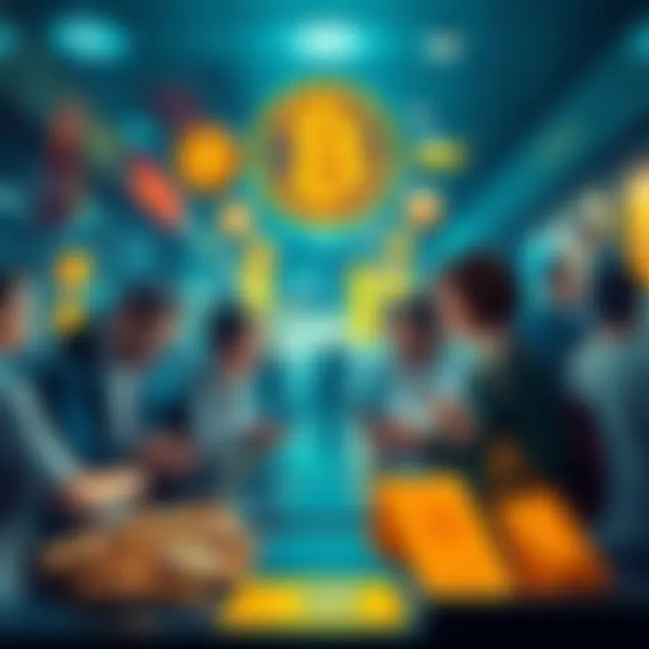 A group of people making purchases with cryptocurrencies at various locations and on mobile apps