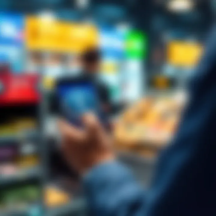 A person using a smartphone to make a payment with cryptocurrency at a checkout, showing Bitcoin and Ethereum logos on the screen.